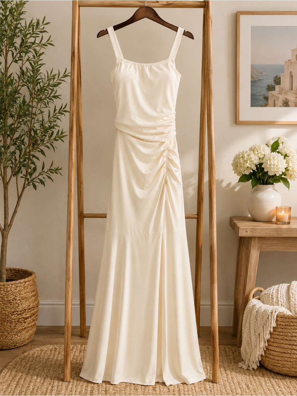 HALARA Ivory white Ruched Lace-Up Open Back Maxi Dress- Medium - Picture 1 of 9